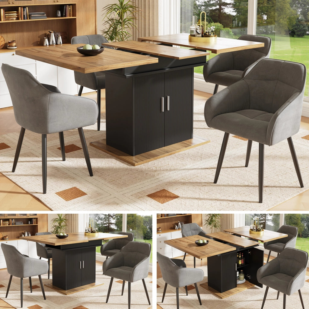 Tavolo allungabile da pranzo con mobile contenitore e ripiani regolabili in MDF nero 110 × 70 × 76 cm