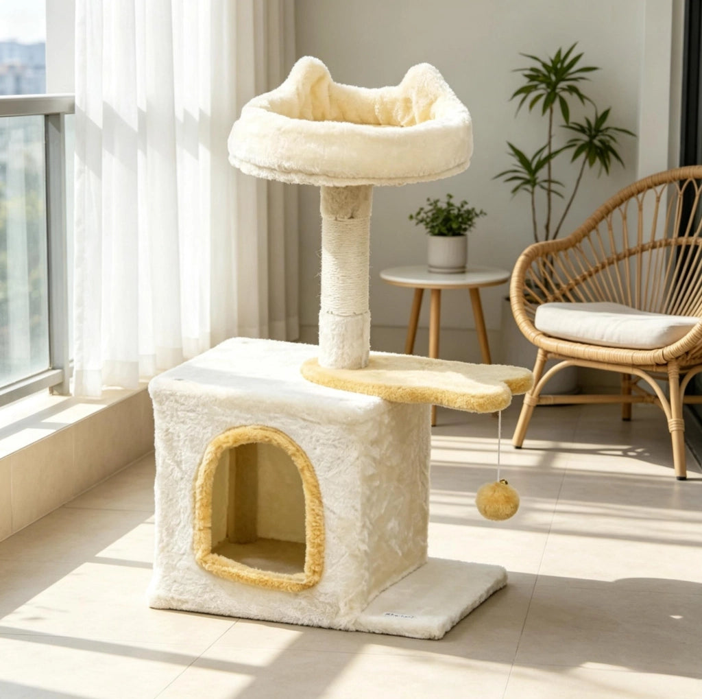 Albero per Gatti con Cuccia in Peluche e Tiragraffi in Sisal 40 x 30 x 72 cm Beige e Giallo per Interni