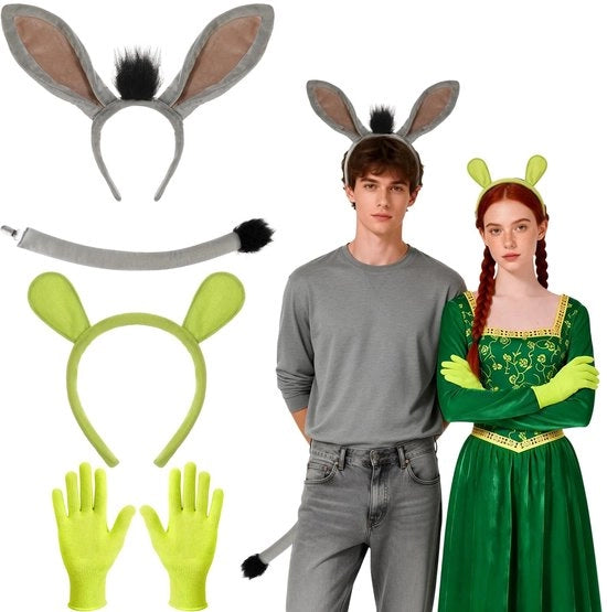 Costumi di animale - 4 pezzi - Cappello con orecchie di asino - Coda pelosa - Occhi verdi di troll - Guanti flessibili - Costume di animale