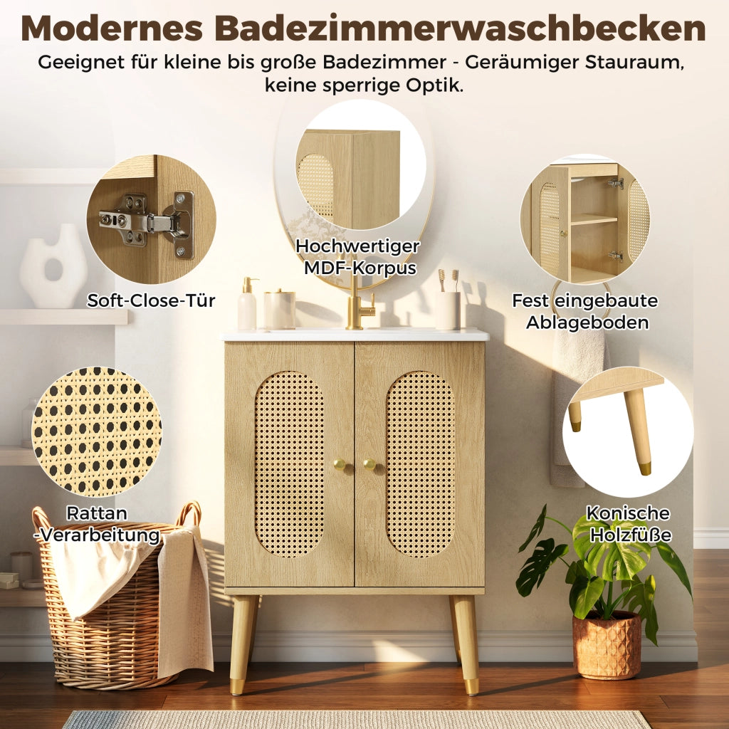Mobiletto con lavabo in ceramica a terra con ante in rattan e ripiani fissi MDF effetto legno naturale 61 × 47 × 89 cm