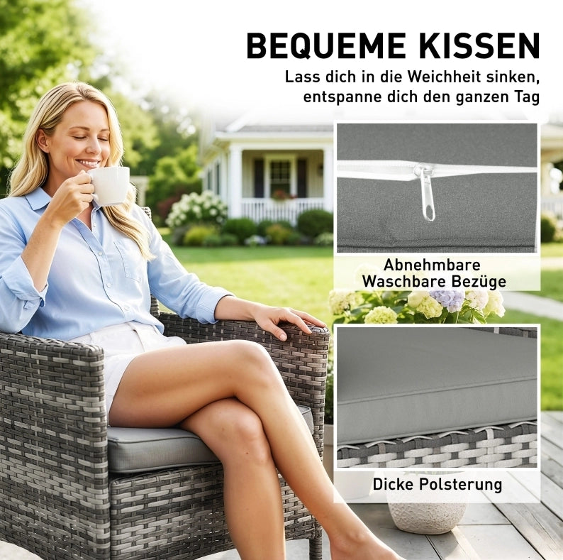 Set di 2 Sedie da Giardino in Polyrattan Grigio con Cuscini Rimovibili e Struttura in Acciaio