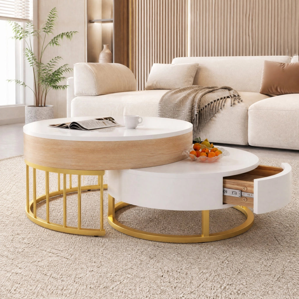 Set di tavolini da caffè rotondi MDF bianco e oro