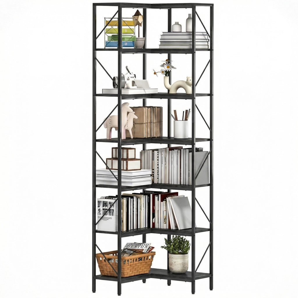 Libreria ad Angolo a 7 Ripiani, Scaffale Industriale, Effetto Legno Nero