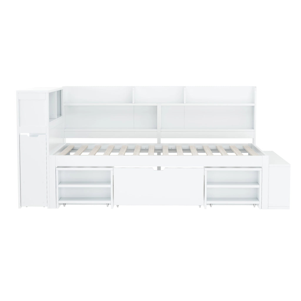 Letto con cassetti 90 × 200 cm con armadio e libreria in compensato bianco