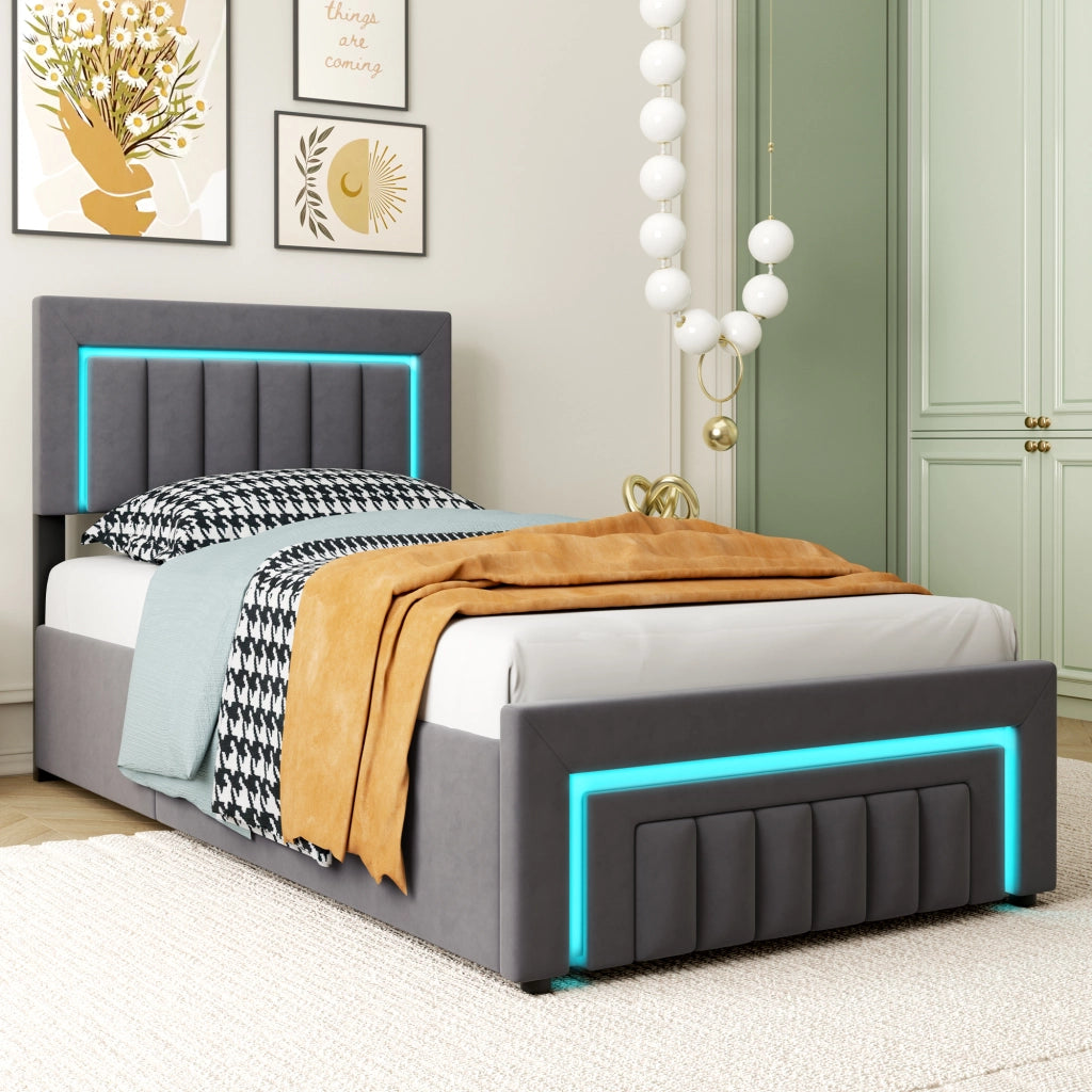 LETTO Imbottito 90x190 cm Velluto Antracite con LED e Contenitore