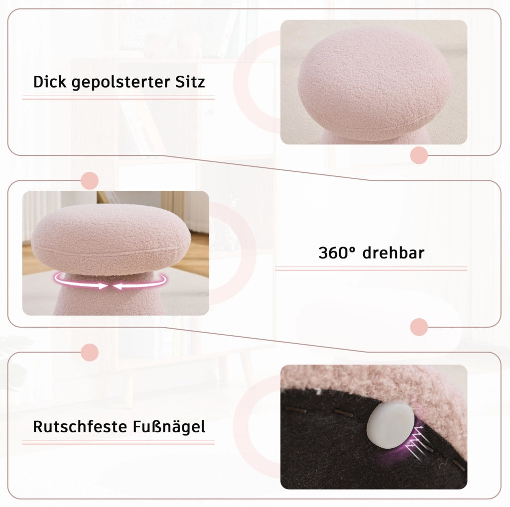 Pouf girevole moderno in tessuto Teddy rosa, forma fungo, 41x41x44 cm, per soggiorno e camera da letto