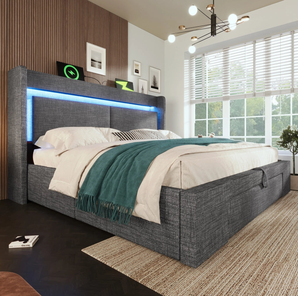 Letto matrimoniale 140x200 cm con contenitore idraulico, testiera con USB e LED, materasso incluso