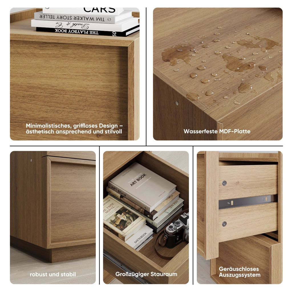 Comodino con 2 cassetti senza maniglie, stile minimalista, per camera da letto, in MDF e truciolare, rovere, 38 × 48 × 55 cm
