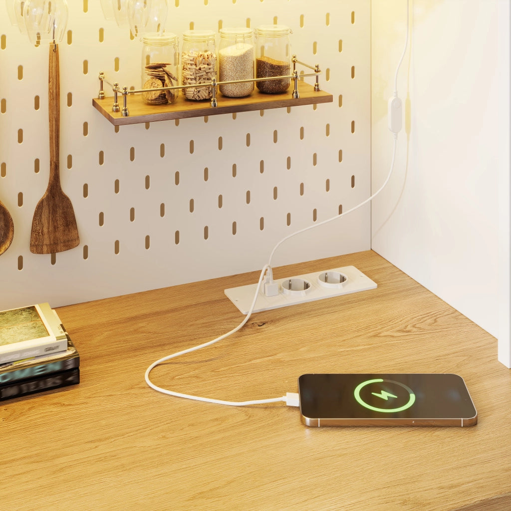 Mobile colonna da cucina con ante scorrevoli e battenti LED presa USB in MDF bianco 120 × 40 × 174.5 cm
