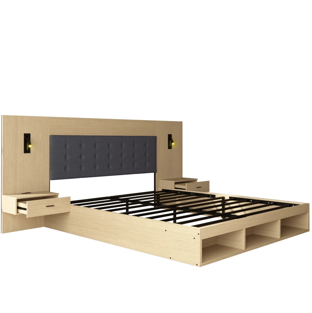 Letto matrimoniale contenitore ULEVR 160x200 cm con 2 comodini, lampade orientabili 360¡ã, USB e Type-C, rovere chiaro