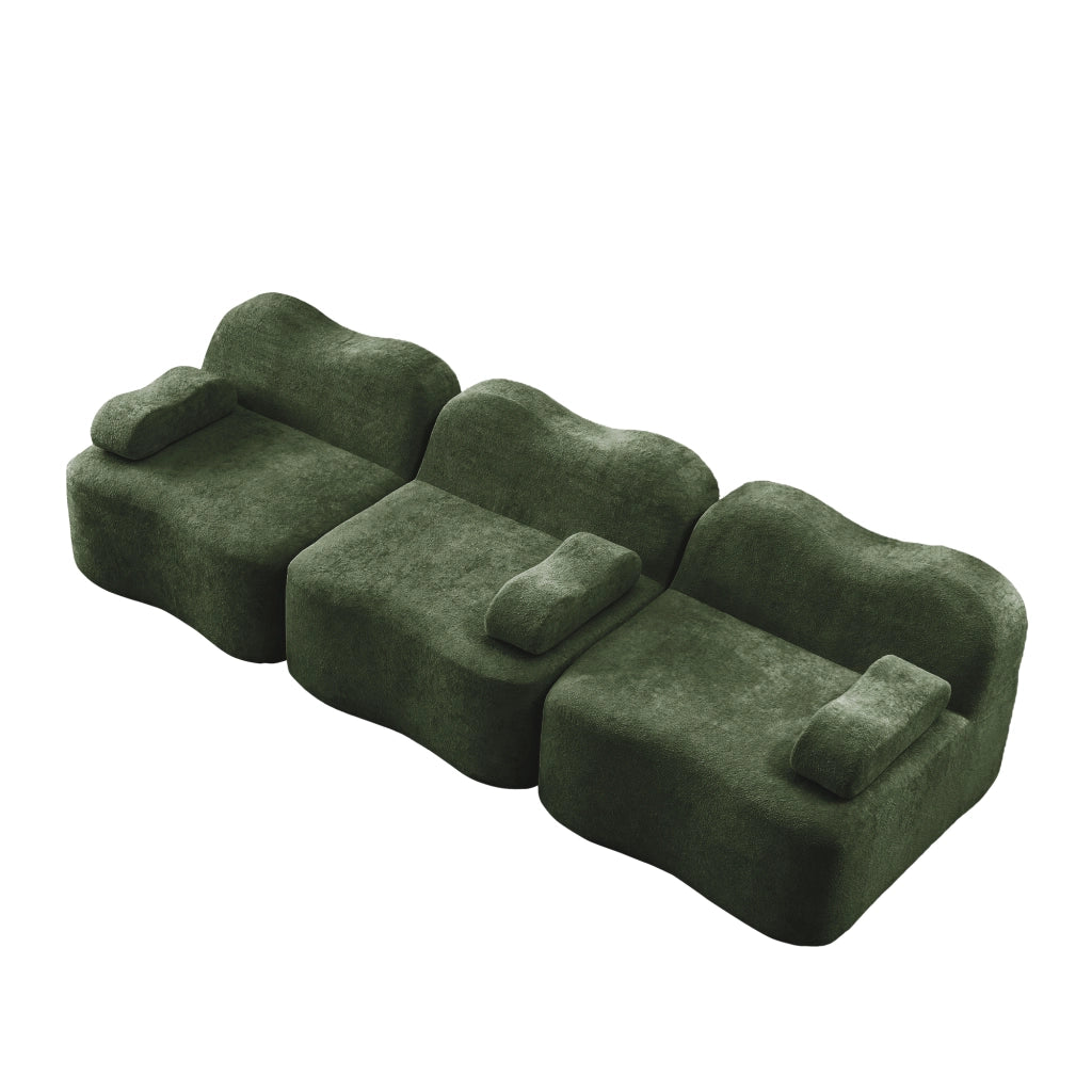 Divano angolare modulare senza struttura interna in velluto verde con seduta profonda e pouf collegabile ondulato