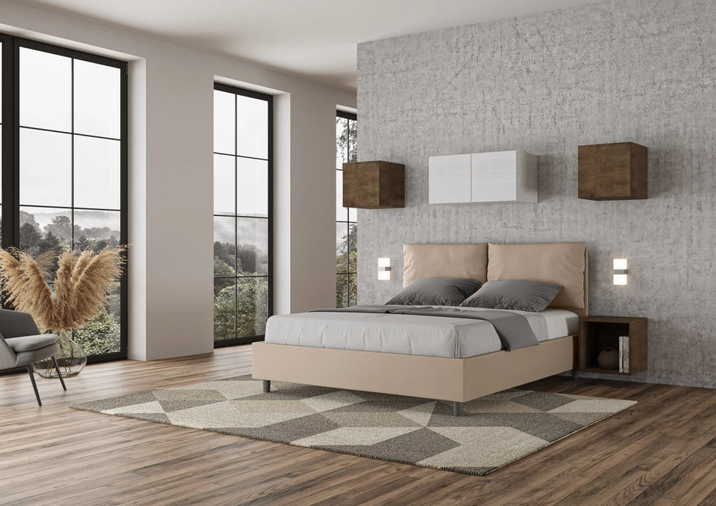 Letto Matrimoniale 160x210 cm con Rete e Contenitore con Alzata Comoda Imbottito in Similpelle Antea Tortora