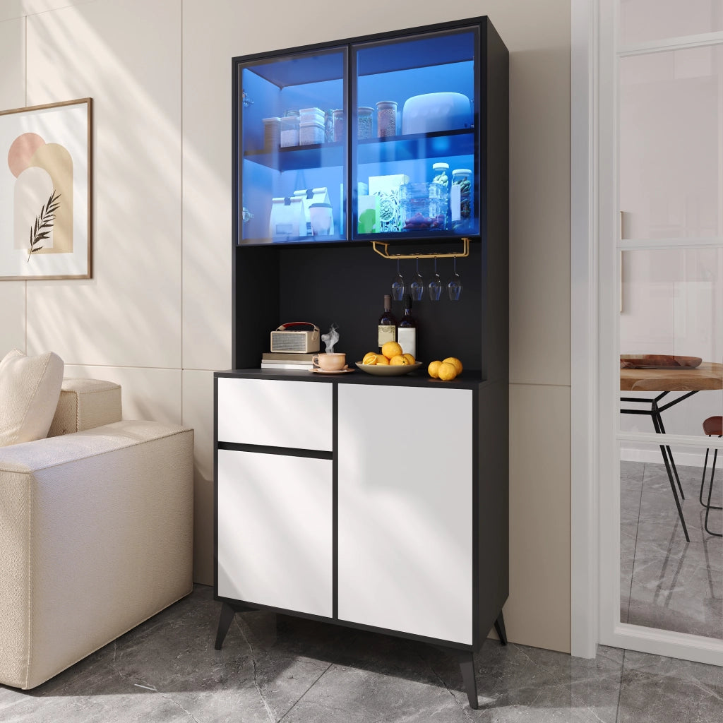 Credenza alta con 4 ante, 1 cassetto e LED integrata - per cucina e soggiorno - 80×40×180 cm