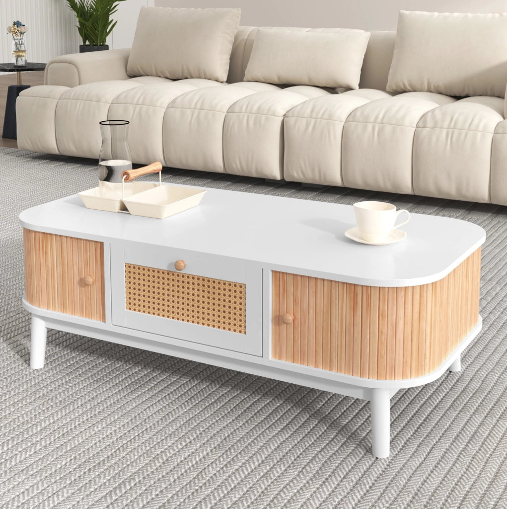 Tavolino da caffè 110x55 cm bianco e legno con contenitore