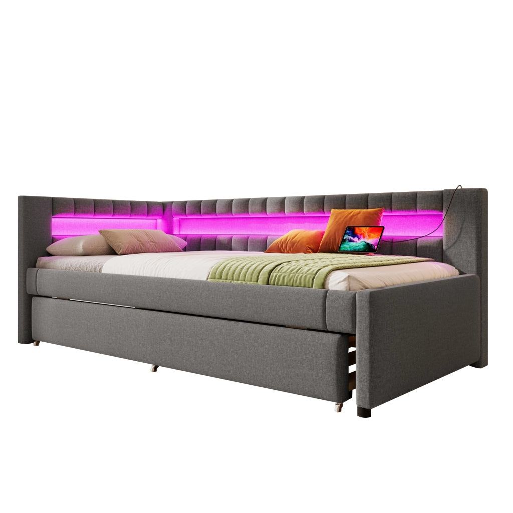 Letto estraibile 2 posti 90 x 200 e 90 x 190 cm con LED via app e USB/USB-C, divano letto in lino grigio con struttura MDF salvaspazio