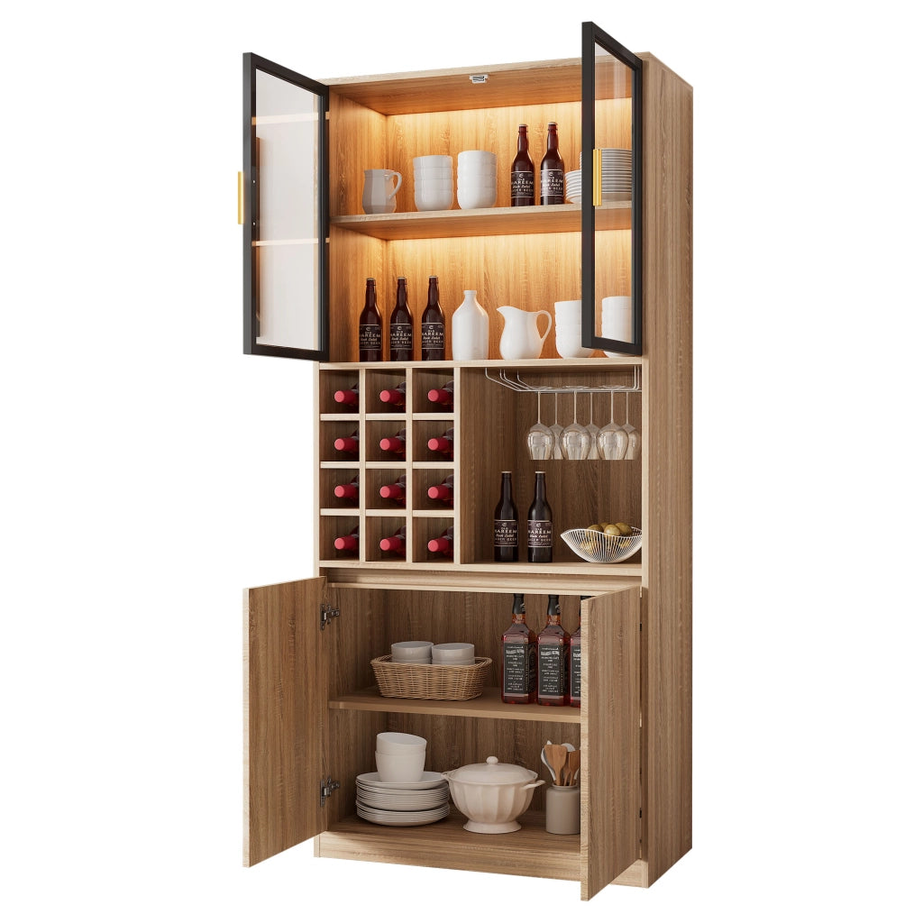 Vetrina con ante in vetro vani aperti e illuminazione a LED con portabicchieri removibile in MDF naturale