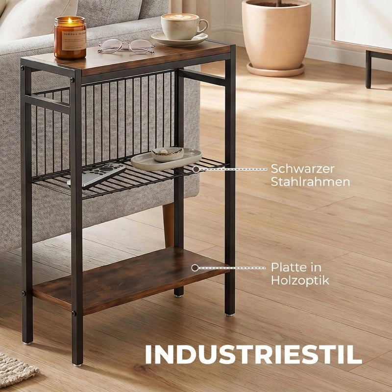 Tavolino da divano a 3 ripiani con struttura in metallo marrone rustico 43 × 18 × 62.5 cm