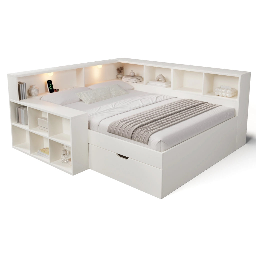 Letto matrimoniale 140x190 cm con contenitore; luci e porte USB/Type-C bianco HOMVRA