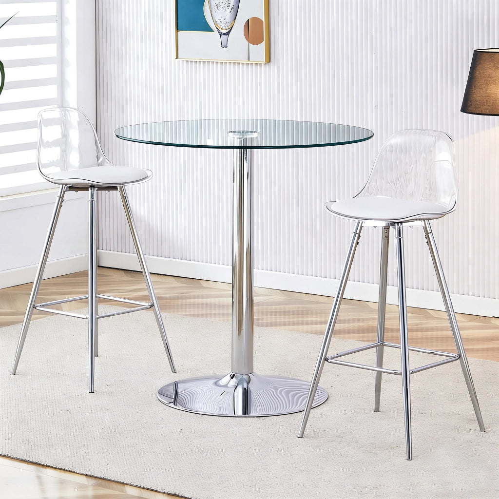Set Bar Flessibile: Tavolo Rotondo in Vetro Trasparente Ø 89 cm + 2 Sgabelli da Bar con Gambe Argentate, Salvaspazio e Versatile