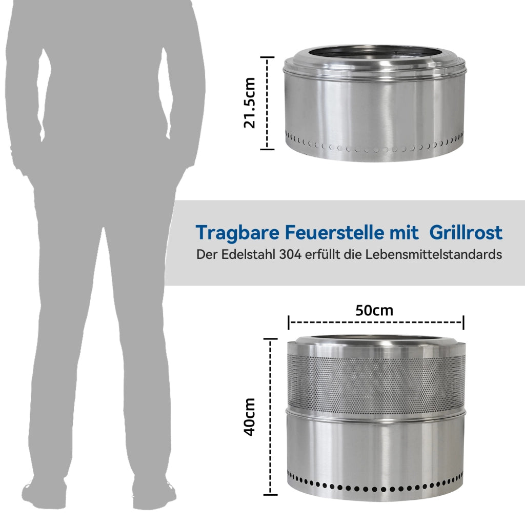 Braciere a basso fumo portatile in acciaio inox argento con diffusione del calore a 360° per esterni