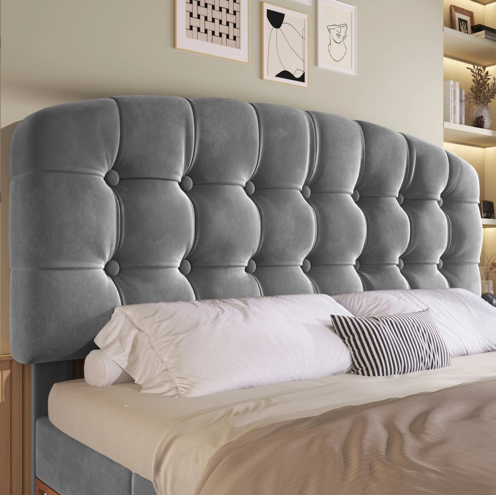 Letto matrimoniale 140x200 cm in velluto grigio con cassetti e testiera regolabile HOMVRA
