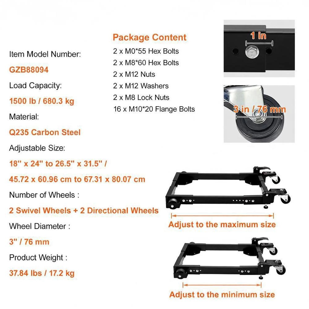 Mobile Base, 1500 Lbs Capacity, Adjustable From 18" X 24" To 26.5" X 31.5", Robust Universal Mobile Base With Swivel Casters, For Woodworking Equipment, Band Saws, Power Tools, And Machinery.