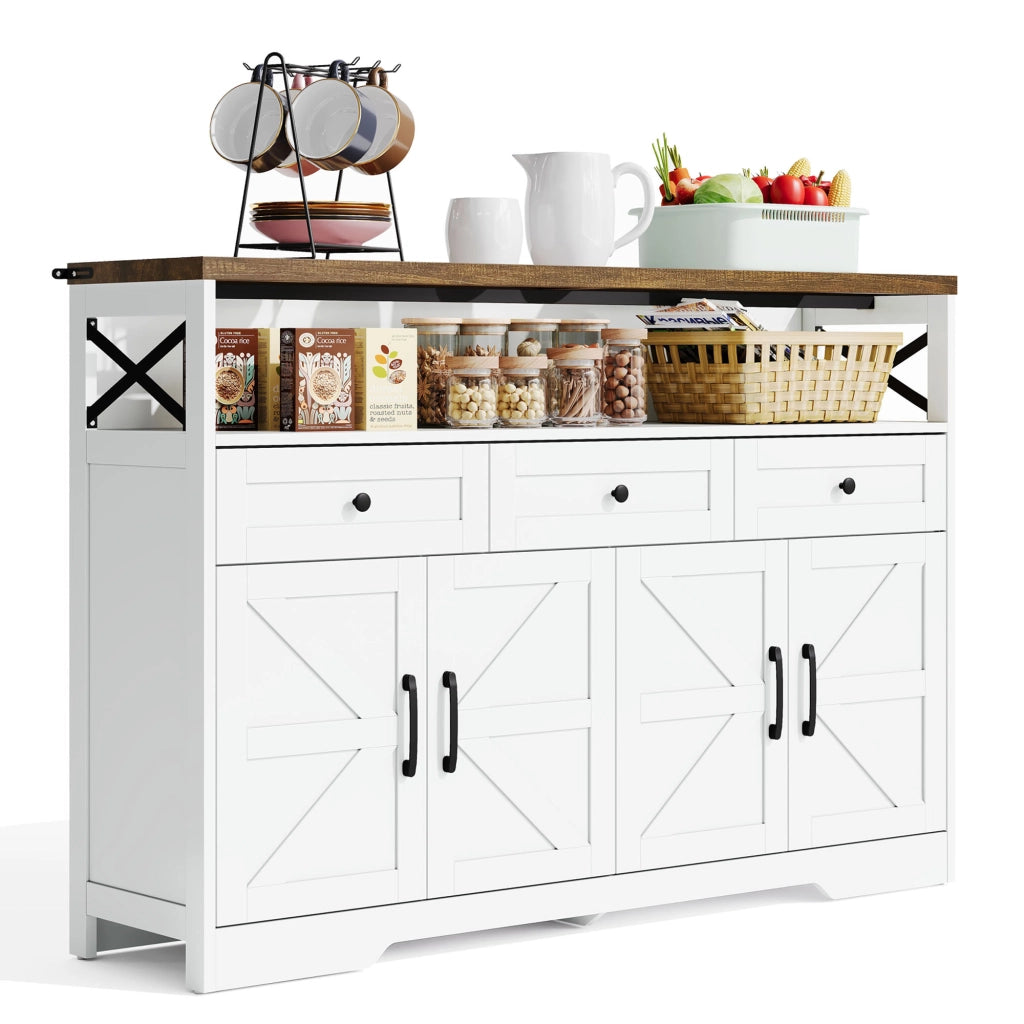 Buffet Credenza 140 cm ¨C MINIMAL ¨C Bianco/Marrone, 3 Cassetti, Ante, Ripiani, Legno