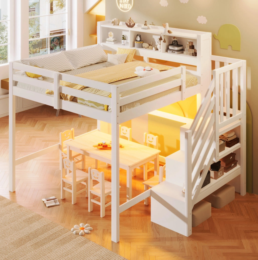 Letto a soppalco 140x200 cm bianco con LED e scala contenitore