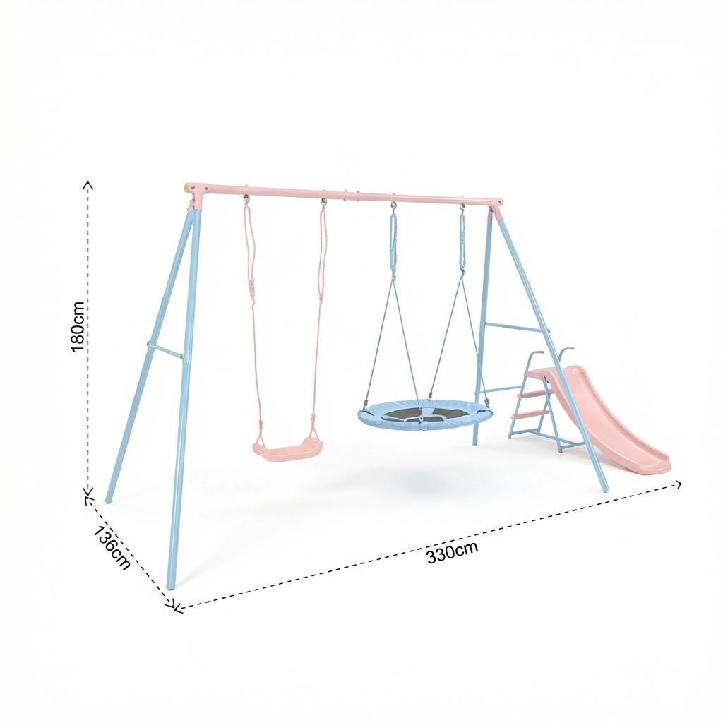 Altalena con scivolo due sedute classica e rotonda struttura in acciaio e HDPE blu e rosa per bambini dai 3 anni