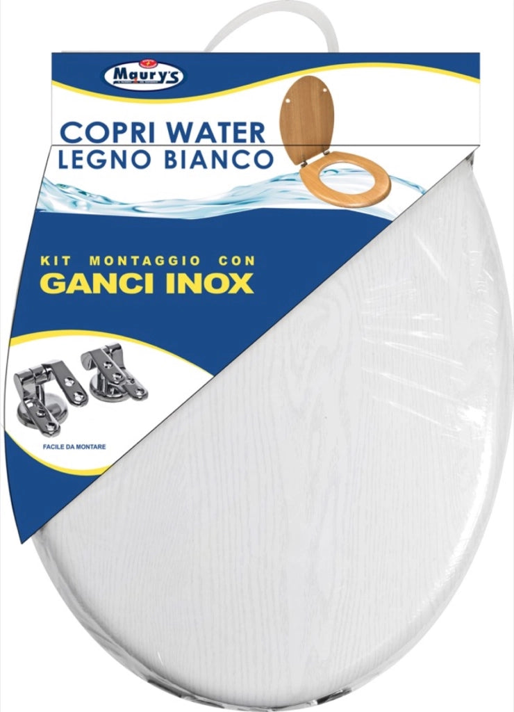 MAURY'S COPRI WATER WC COLORE LEGNO BIANCO KIT DI MONTAGGIO CON GANCI INOX EXTRA RESISTENTE