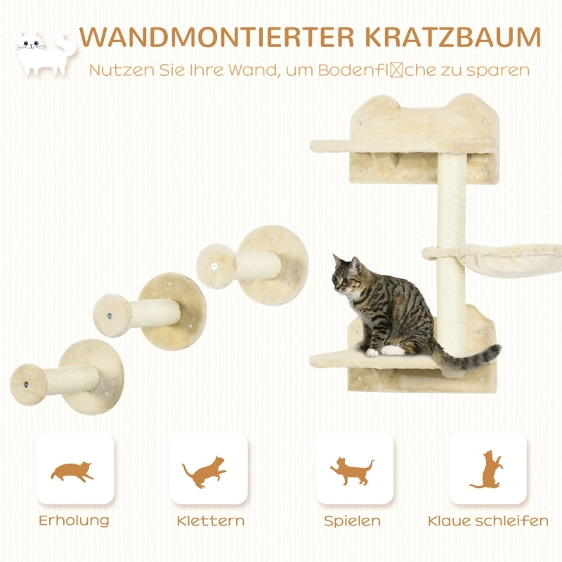 Set di gradini da parete per gatti 4 pezzi con tiragraffi amaca e piattaforma beige in peluche per arrampicarsi