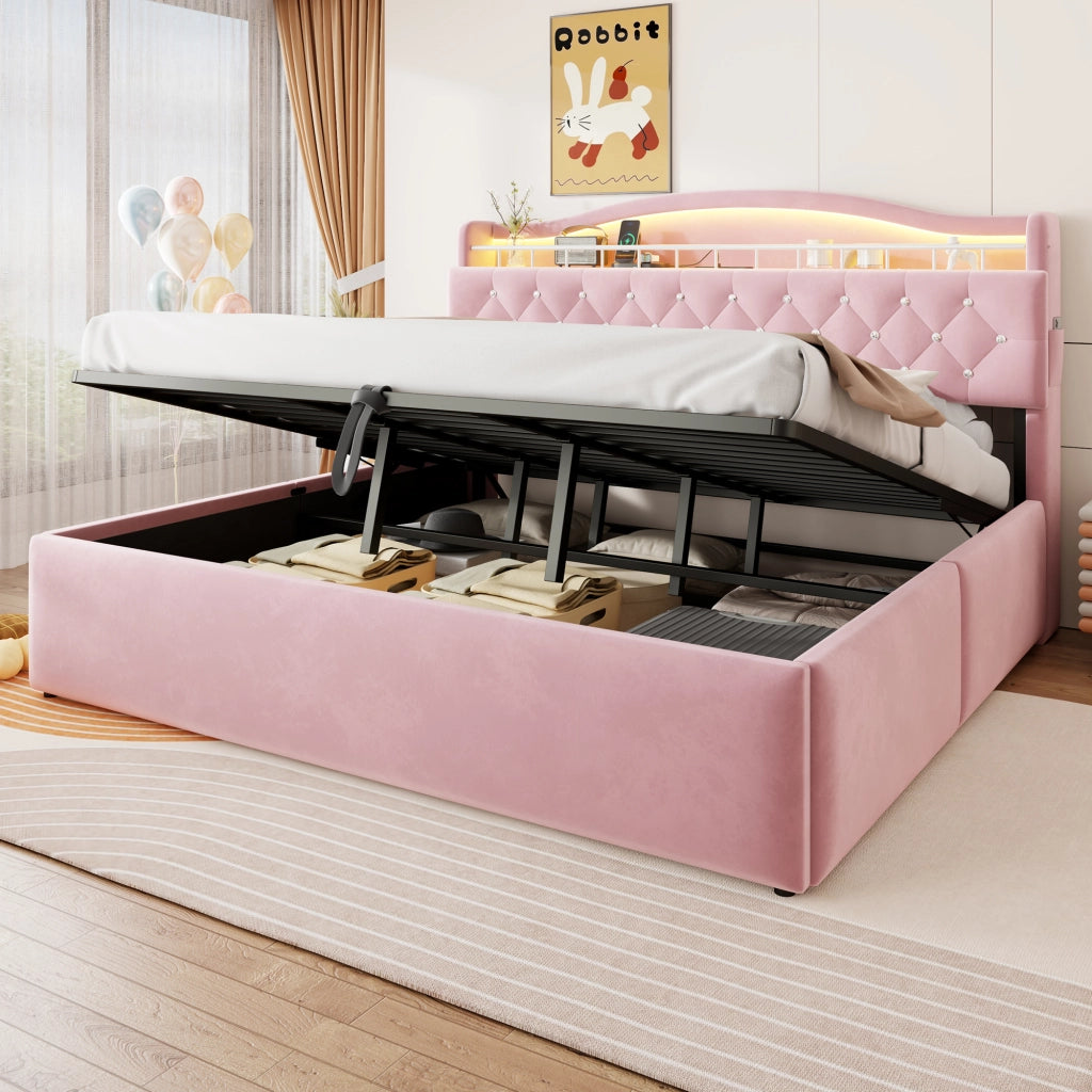 Letto Matrimoniale 180x200 cm con Contenitore Idraulico; Rivestimento in Velluto Rosa e Testiera LED con USB