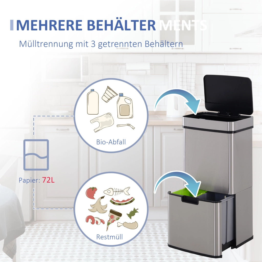 Pattumiera Automatica con Sensore 72L (47L + 2x12,5L), Cestino Differenziata in Acciaio Inox per Cucina, Argento