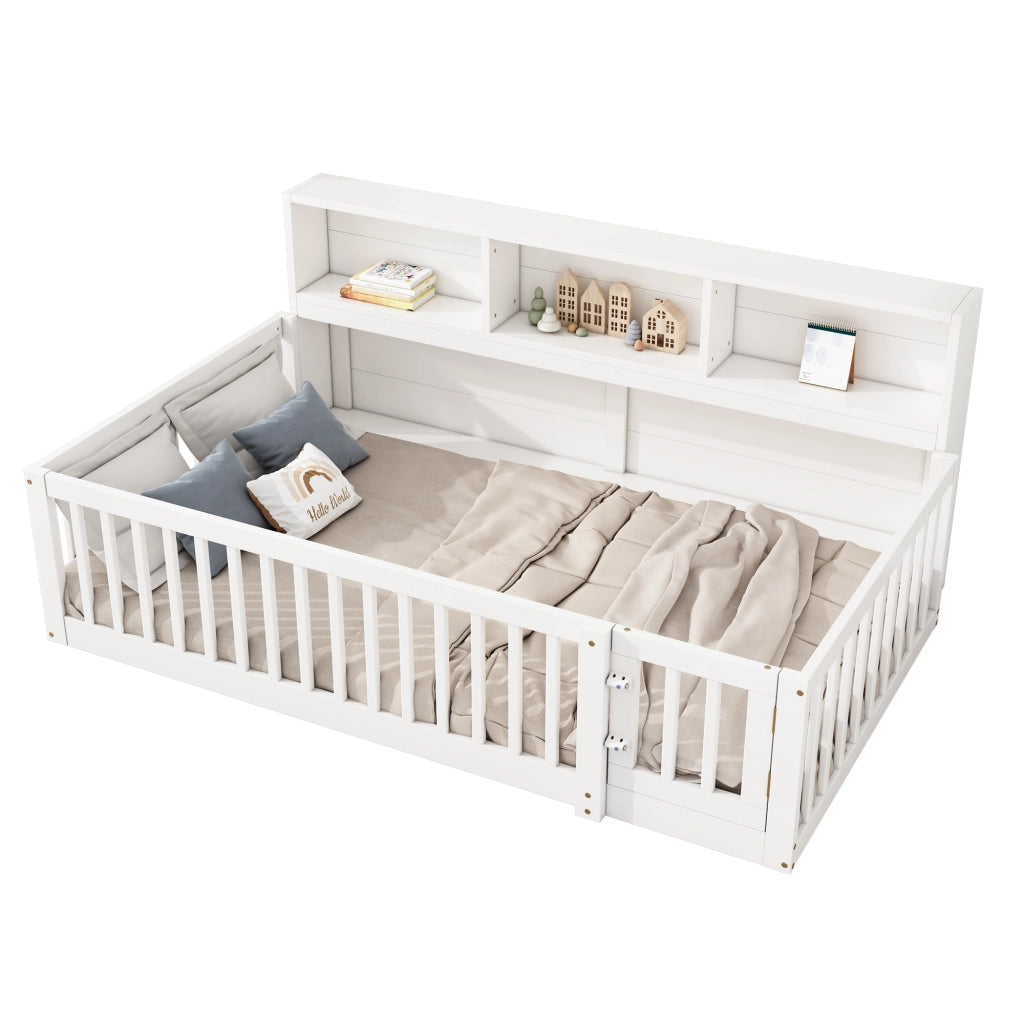 Letto da giorno 90 × 200 cm con rete a doghe in legno di pino e MDF bianco con sponde e ripiani laterali