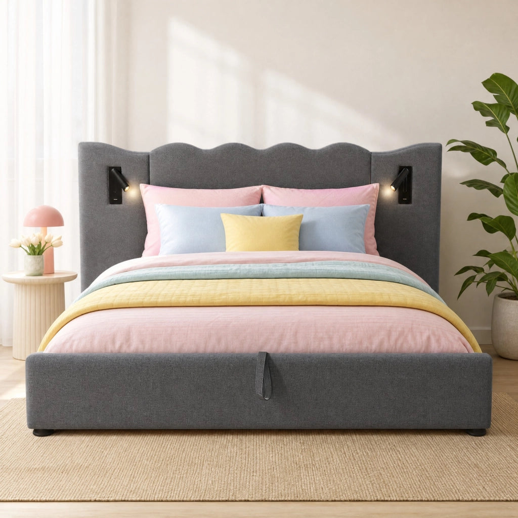 Letto contenitore 180 × 200 cm con testiera ondulata; luce orientabile; USB e Type-C; lino grigio
