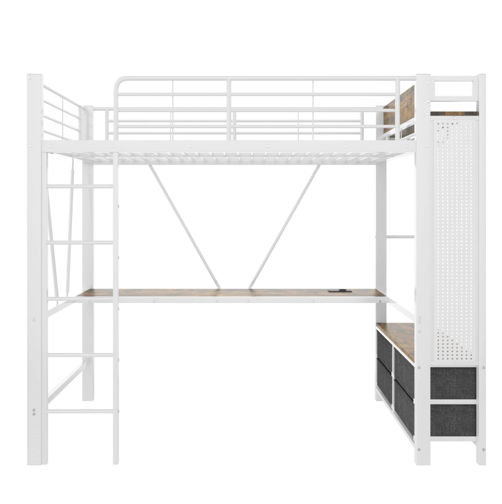 Letto a castello con scrivania 90x200 cm, struttura in ferro bianca con 4 cassetti, LED, prese USB e Tipo-C, ripiani e appendiabiti, senza materasso