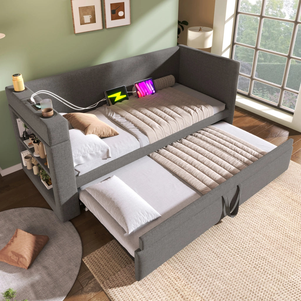 Letto singolo con letto estraibile 90x190 cm con USB-C e portabevande grigio HOMVRA