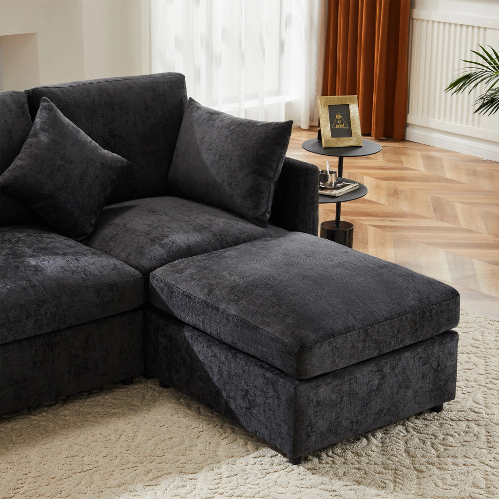 Divano modulare 3-4 posti 216x161 cm con pouf mobile e 4 cuscini in ciniglia grigio