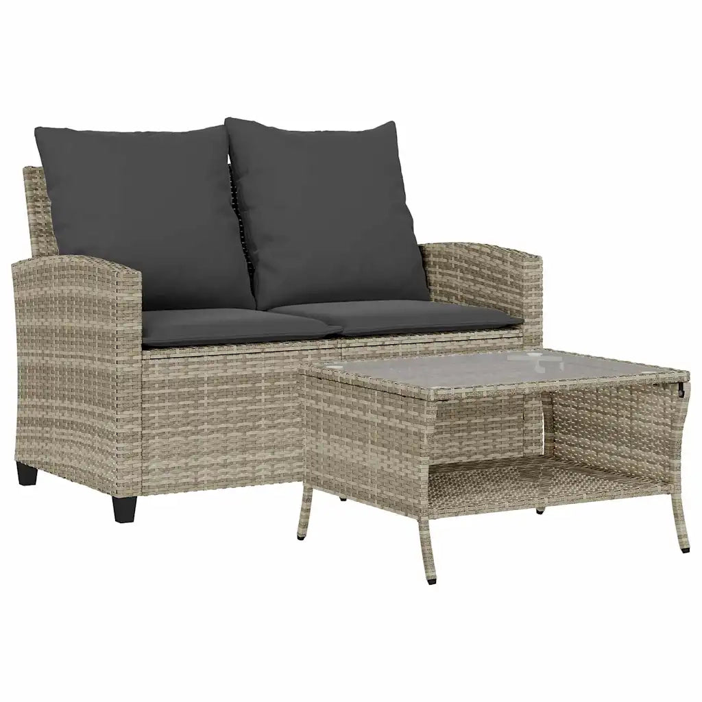 Divano 2 Posti con Cuscini e Tavolo-Sofa 2 Posti con Cuscini e Tavolo Grigio Chiaro Polyrattan
