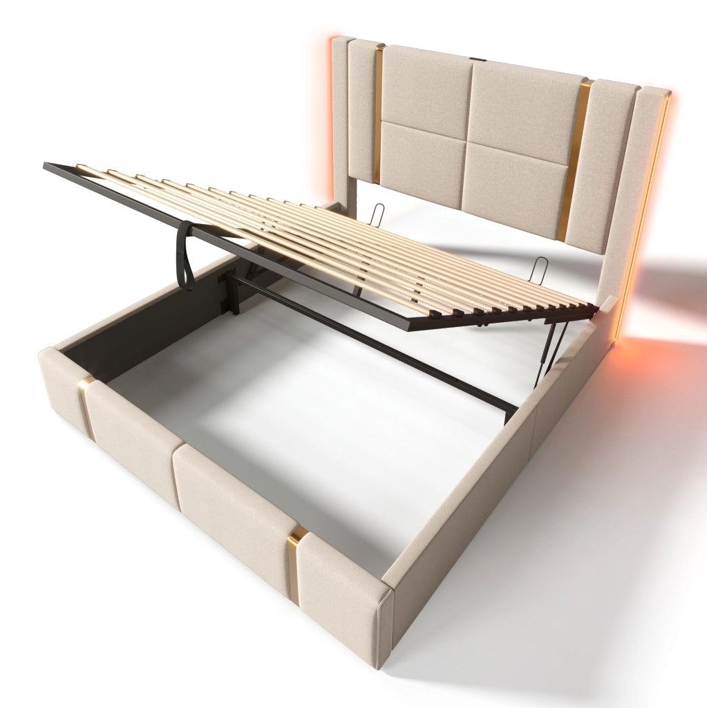 Letto 160x200 cm con contenitore, LED RGB, USB e USB-C in lino beige