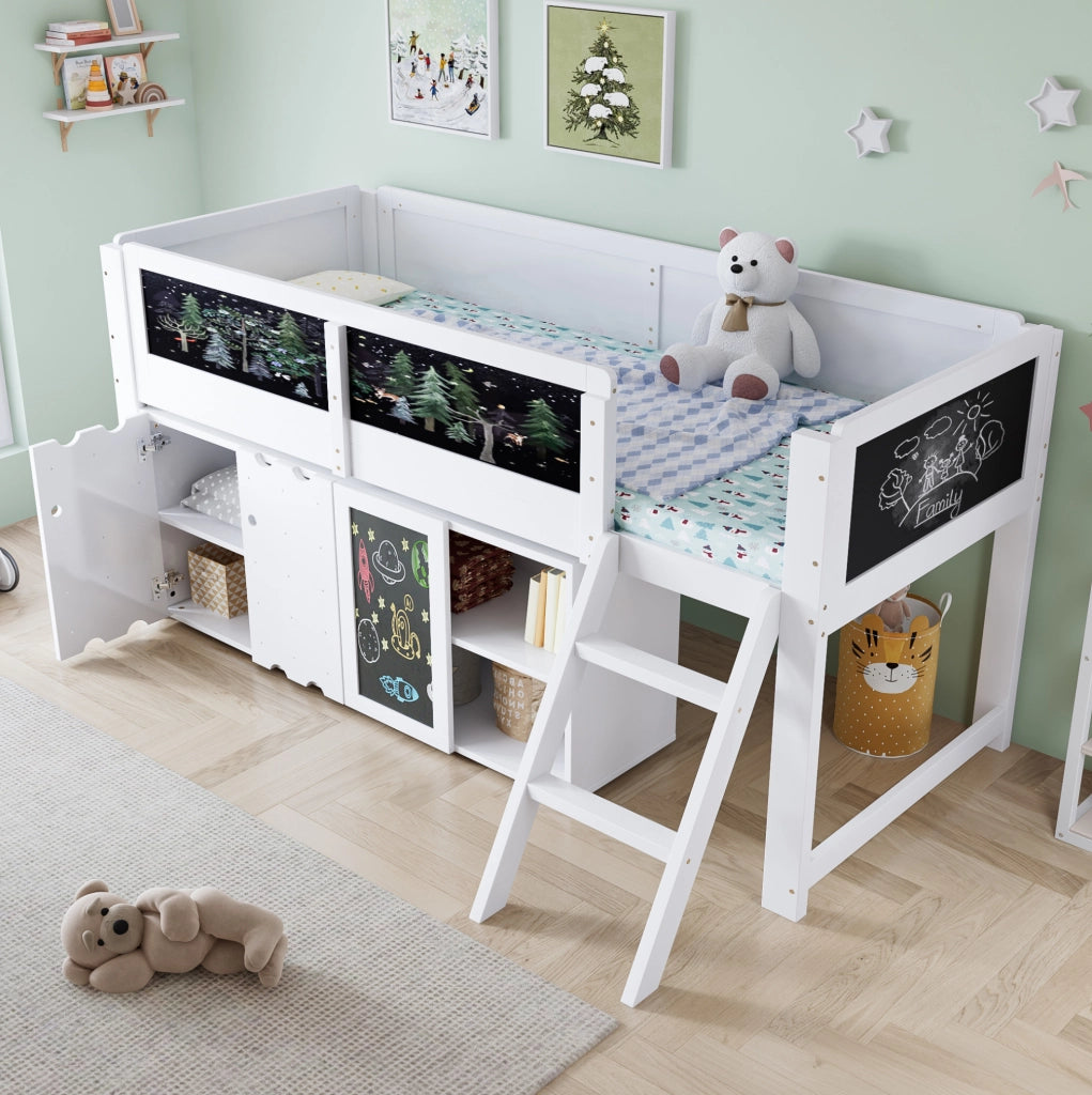 Letto a soppalco bambini 90x200 cm con armadio e lavagna