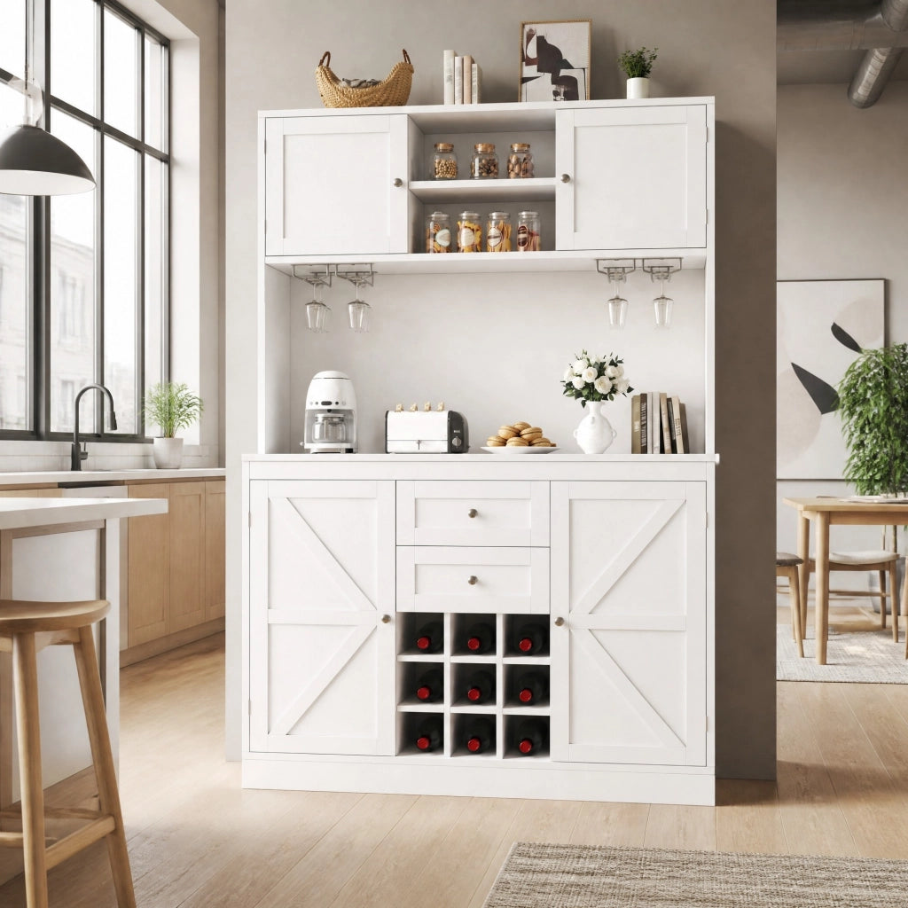 Mobile buffet da cucina 120x40x188 cm con 4 ante, 2 cassetti e portabottiglie bianco HAVRYA