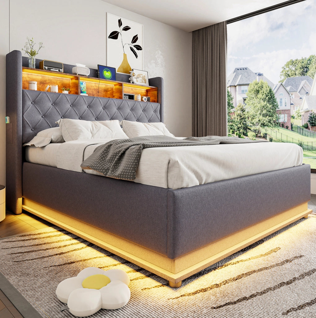 Letto imbottito LED con contenitore idraulico e porta USB 160x200 cm; grigio