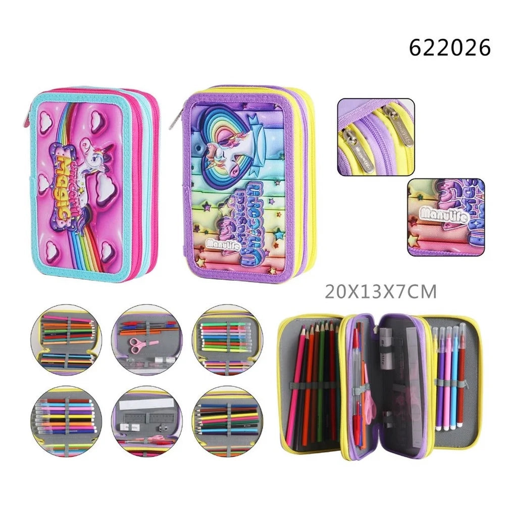 Trade Shop - Astuccio Scuola Triplo A 3 Scomparti Design 3d Tema Unicorno Magico Matite Colorate 622026 -