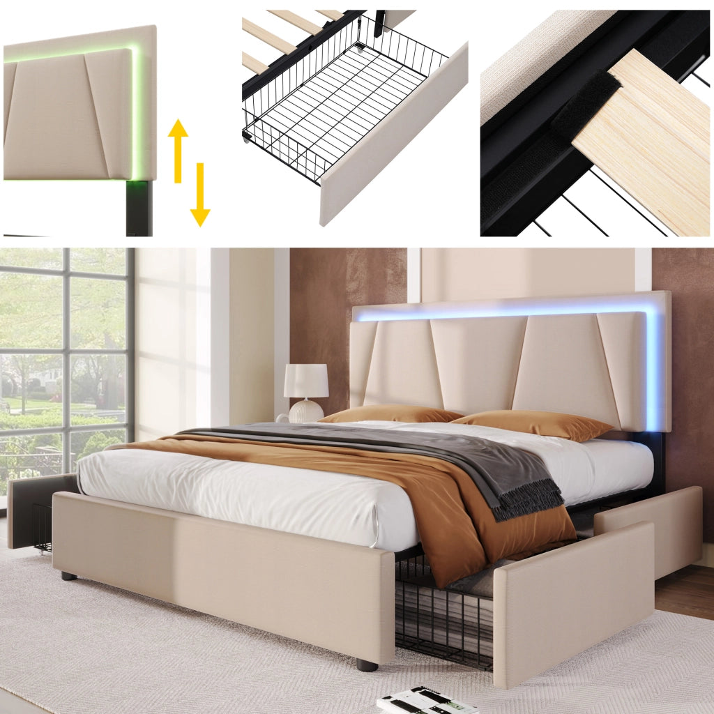 Letto matrimoniale 140 × 200 cm con 4 cassetti, LED regolabile e testiera regolabile, senza materasso, beige