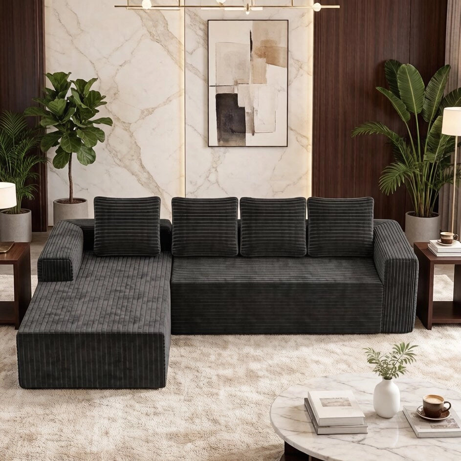 Divano modulare a L con chaise longue configurabile in velluto a coste grigio seduta profonda senza montaggio
