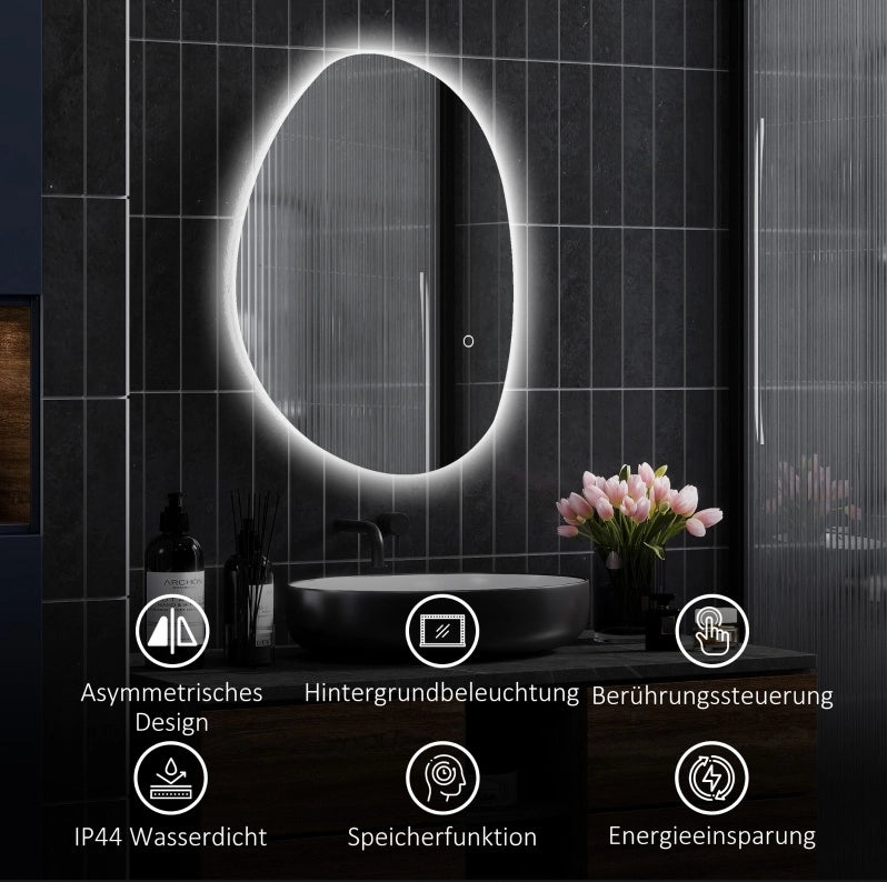 Specchio da bagno asimmetrico 70x50 cm con illuminazione LED e funzione antiappannamento, argento