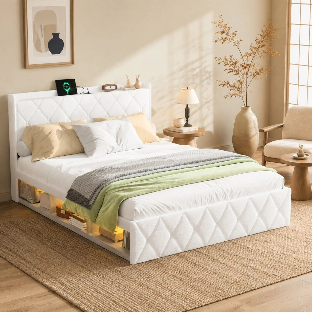 Letto imbottito 140 × 200 cm con testiera ad ali in tessuto Teddy bianco LED USB e prese integrate