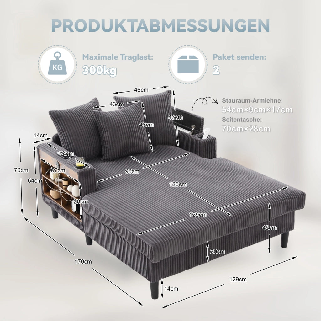 Chaise longue multifunzionale in velluto a coste con grande superficie reclinabile, porta bevande su entrambi i lati, illuminazione LED, tasca laterale, spazio contenitivo e porta USB, gambe in plastica resistenti