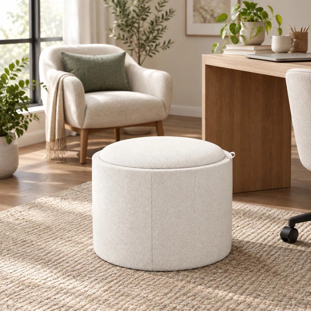 Pouf rotondo ULEVR ?56x42 cm con vano contenitore e coperchio reversibile, effetto lino bianco crema